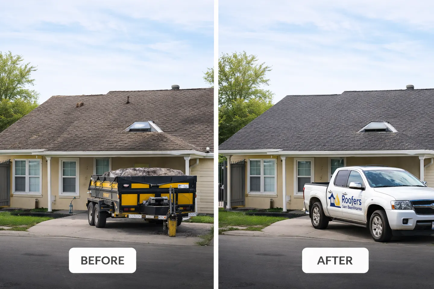 Before and after: a gray shingle house with a debris trailer in the driveway, then the finished roof with a pickup parked in front
