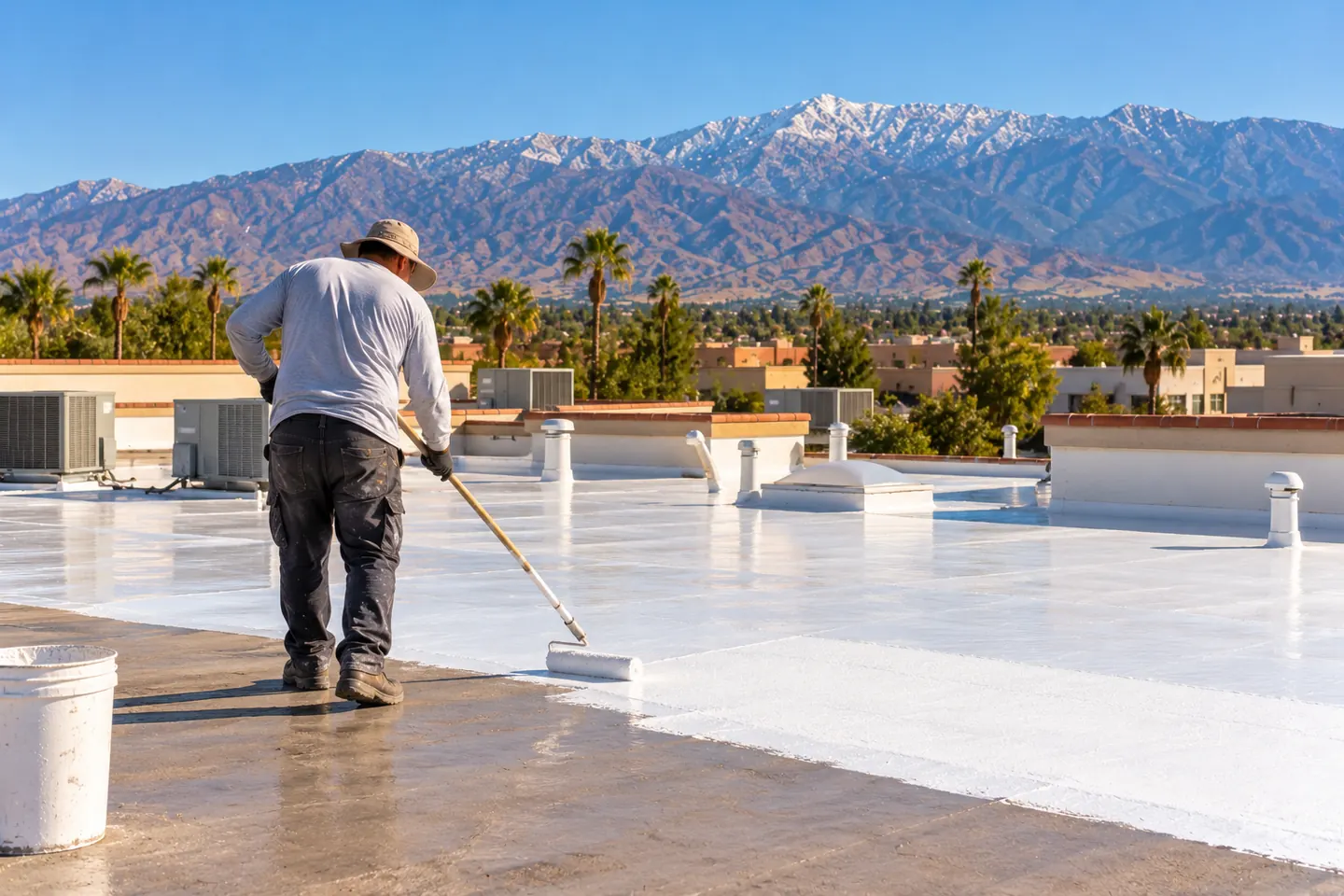 Roofer rolling bright white coating onto a flat roof, with rooftop units and mountains behind
