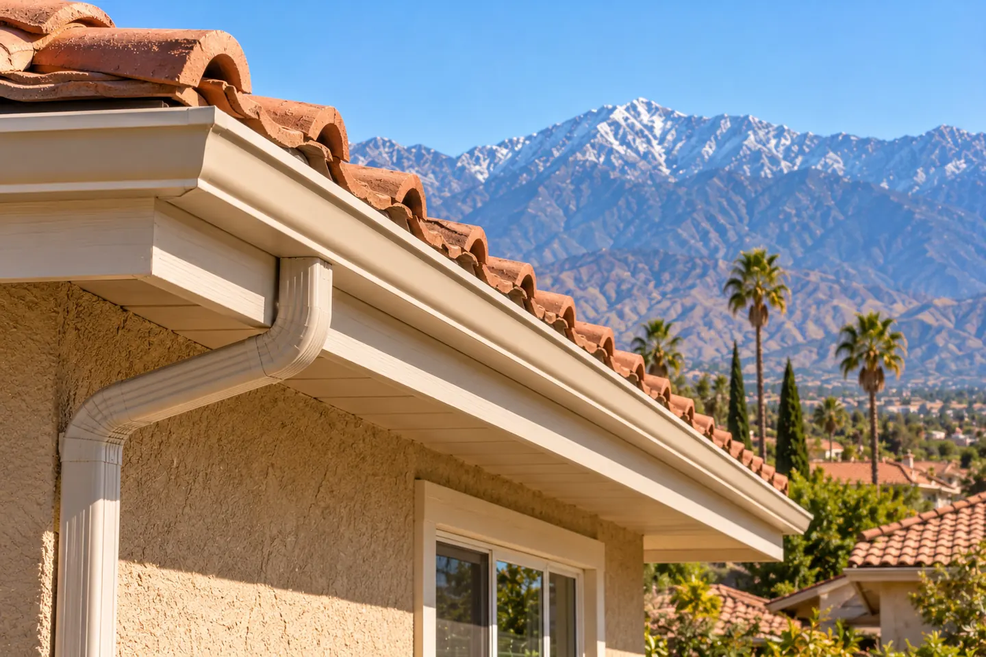 Clay tile roof edge with a new white gutter, fascia and downspout on a stucco house