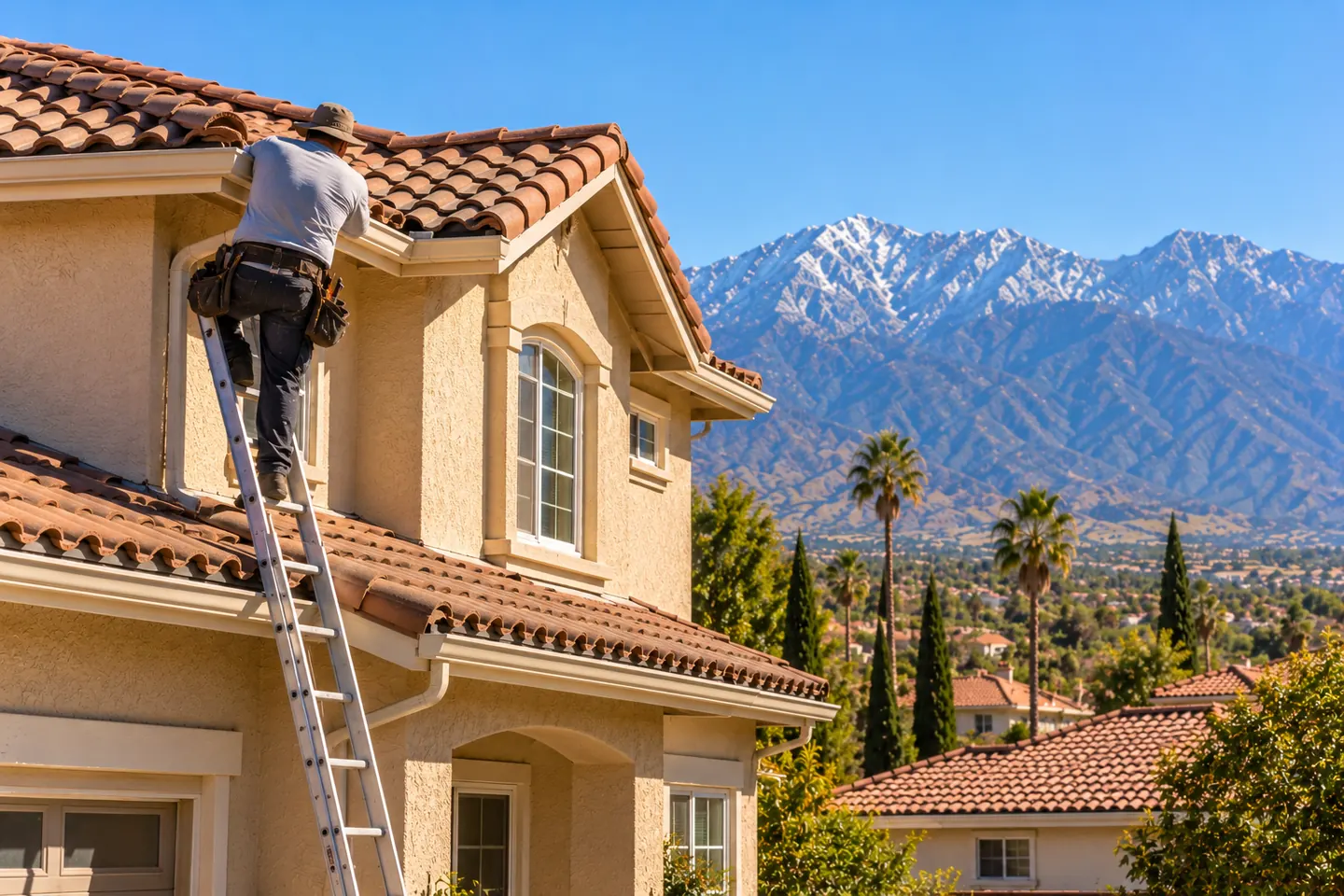 Roofer climbing a ladder to inspect a tile roof on a two-story stucco home