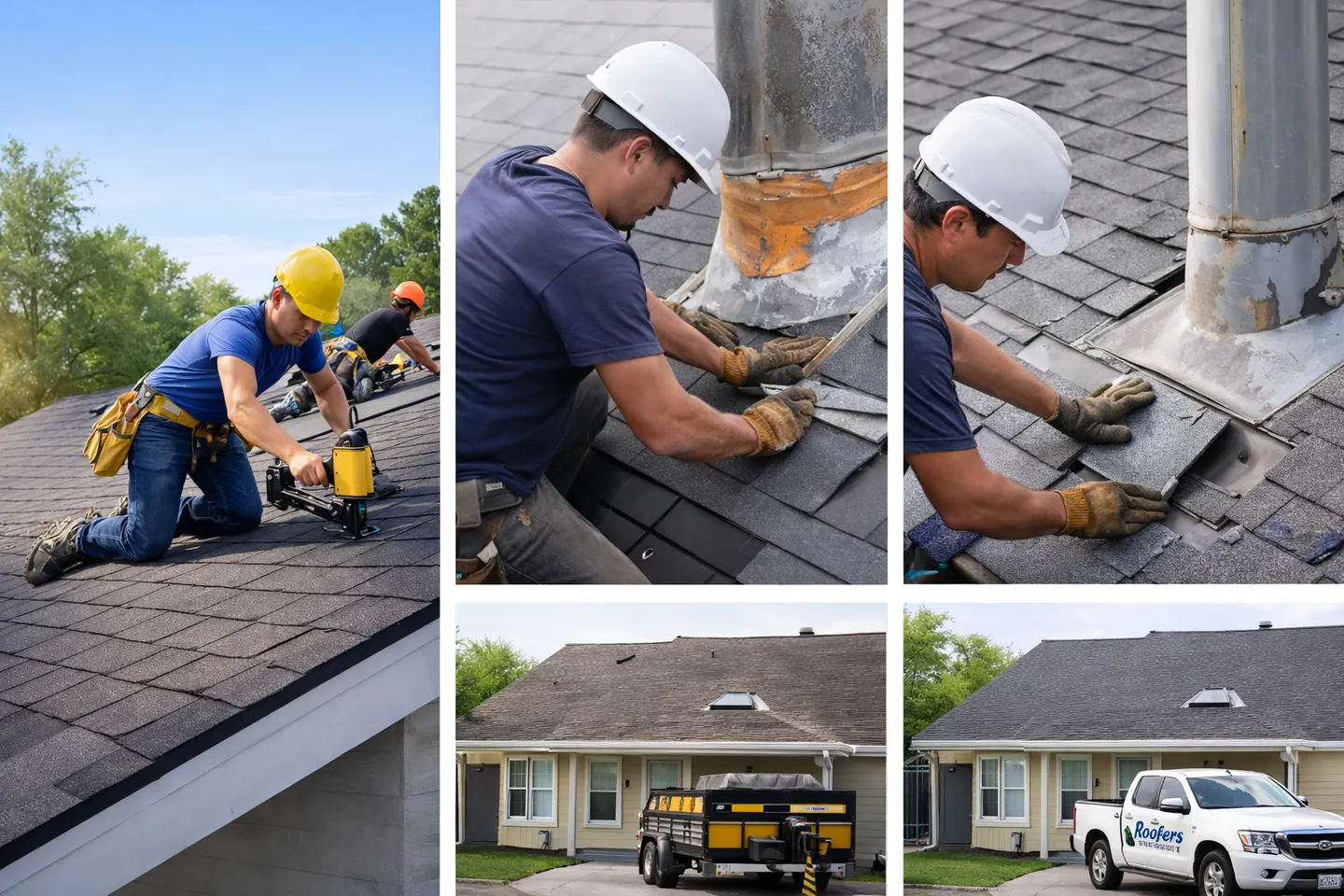 Before and after: a roofer nailing new shingles, sealing flashing at a vent pipe, and the finished house