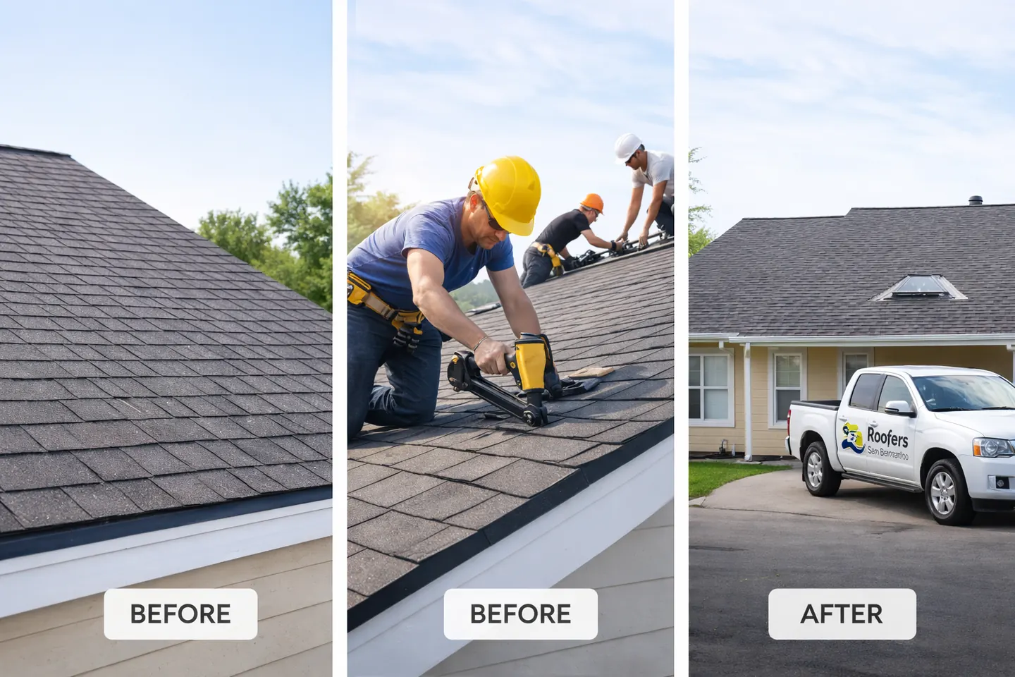 Before and after a shingle re-roof: the worn roof, a roofer nailing new shingles, and the finished house
