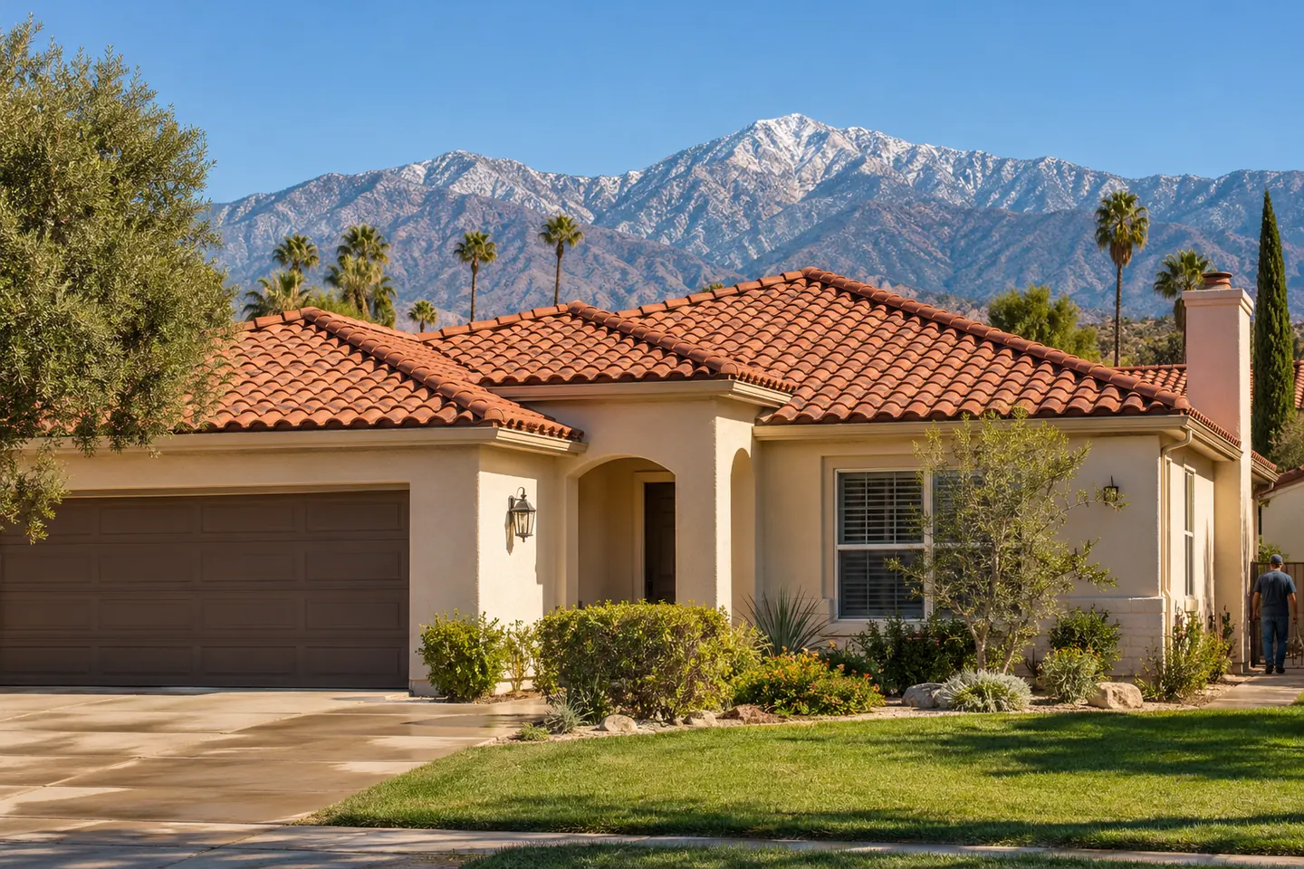 Single-story stucco home with a red clay tile roof and a two-car garage, palm trees and mountains behind